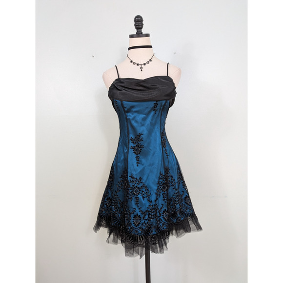 Blondie Nites Mini Dress 2 Blue Black Goth Corset Lace Y2K 90S Prom Floral Short - Picture 7 of 10